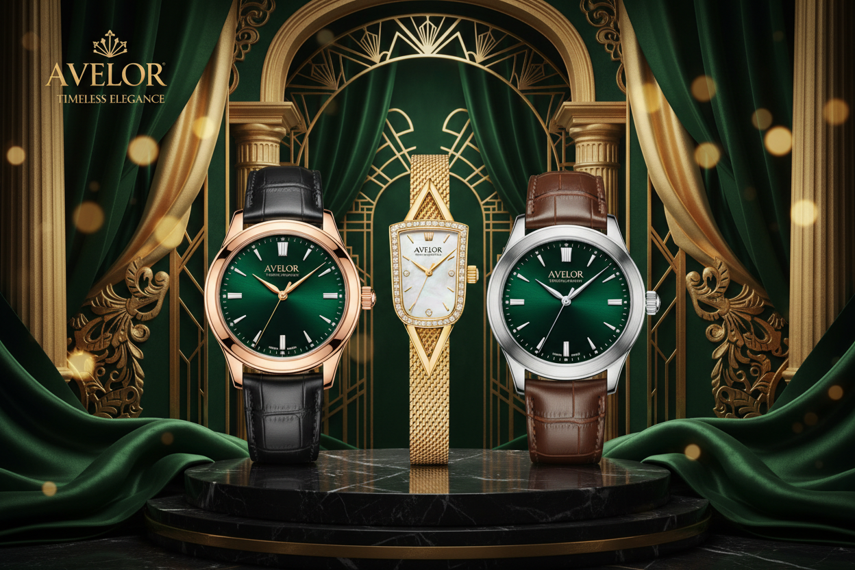 avelor watches timeless luxury watches banner with golden green based luxury 